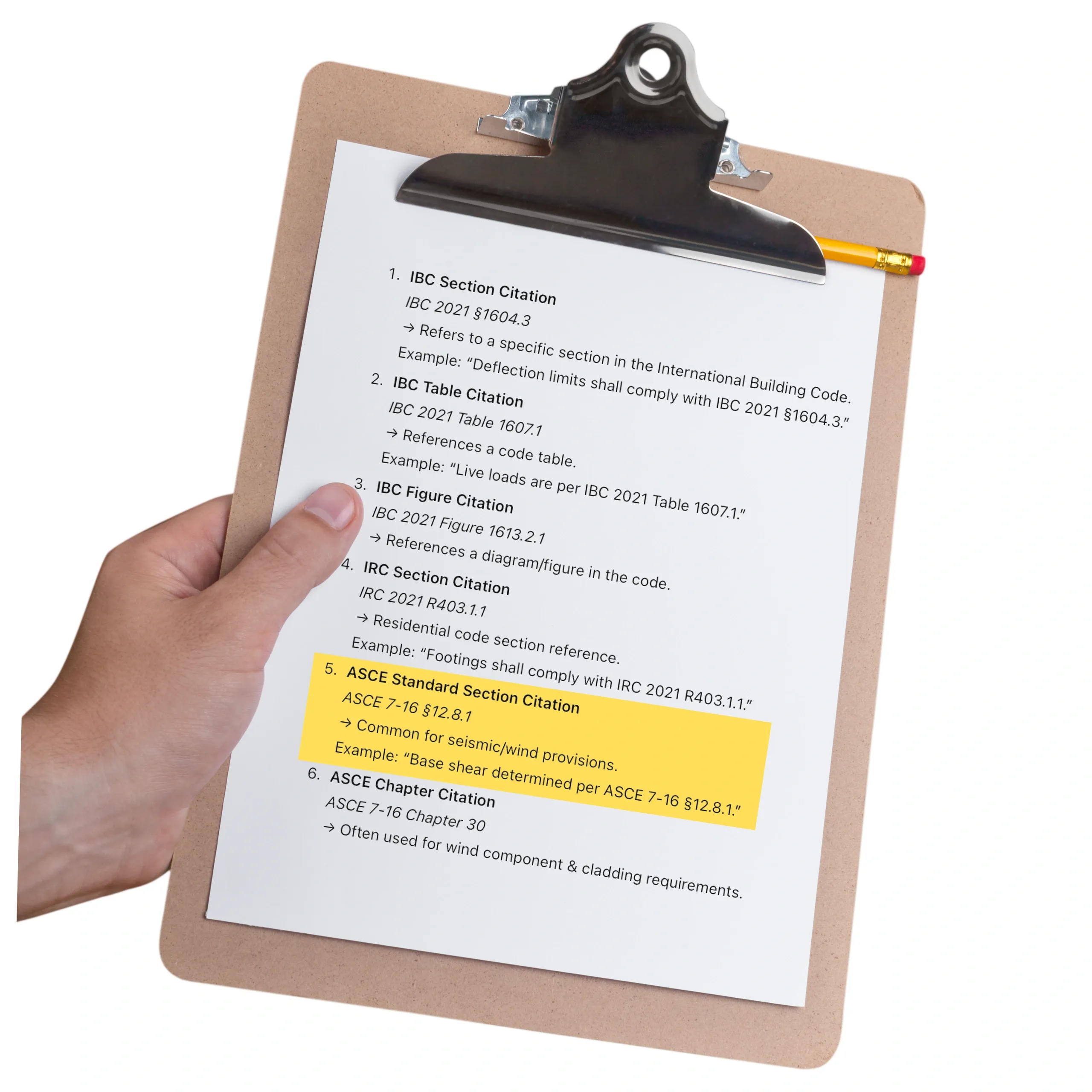 Hand holding a printed code document with highlighted citations to specific sections