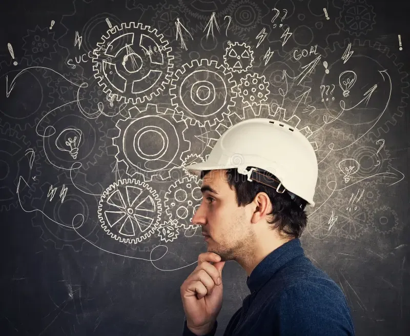 Engineer in a hard hat thinking, conceptual gears illustrating consistent interpretation