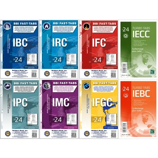 Curated stack of building codebooks including IBC, IRC, IFC, IECC, IMC, IPC, IFGC, IEBC