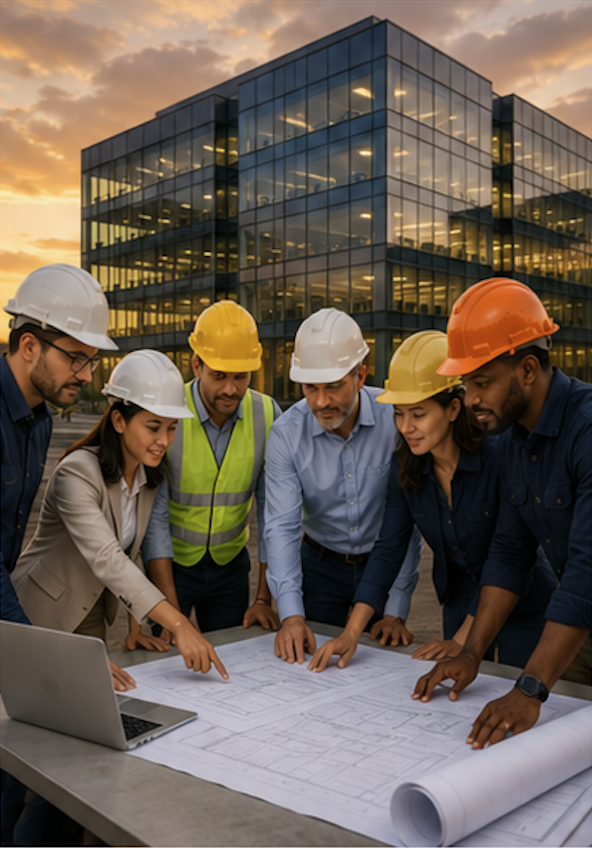 Multi-disciplinary AEC team reviewing blueprints — Custom Quote tier