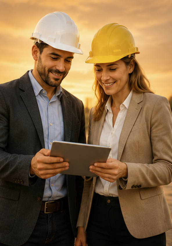 Two AEC professionals collaborating with tablet at golden hour — Small Firm tier