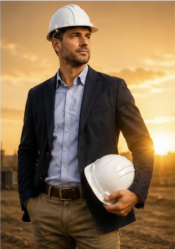 Solo architect or engineer with hard hat at golden hour — Solo Practice tier